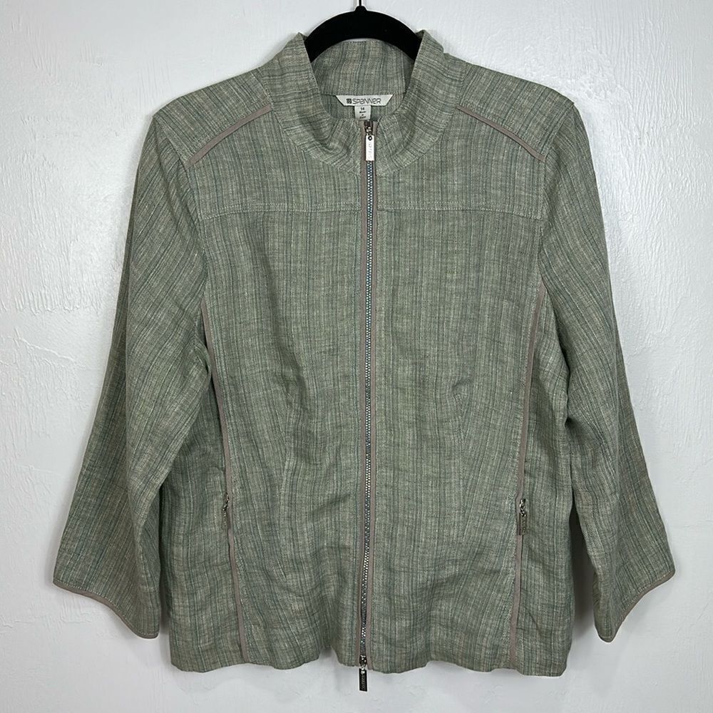 Spanner Linen Green Long Sleeve Striped Zip Up Jacket Size 14